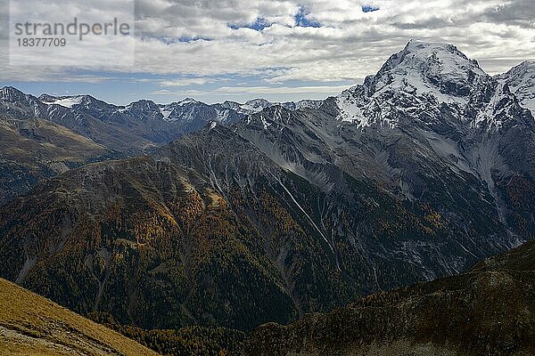 Herbstliche Berglandschaft mit Ortler Bergen  Trafoier Tal  Meran  Vinschgau  Südtirol  Italien  Europa