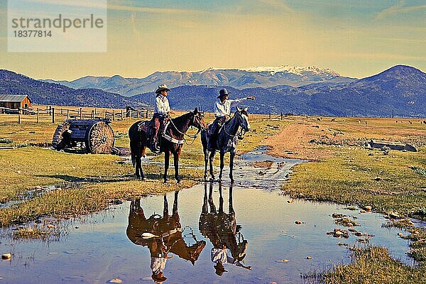 Cowgirls  Westernreiterinnen auf Pferden  Ranchgelände  Rinder auf der Weide  hinten Sierra Nevada Mountains  Bridgeport  California  USA  Nordamerika