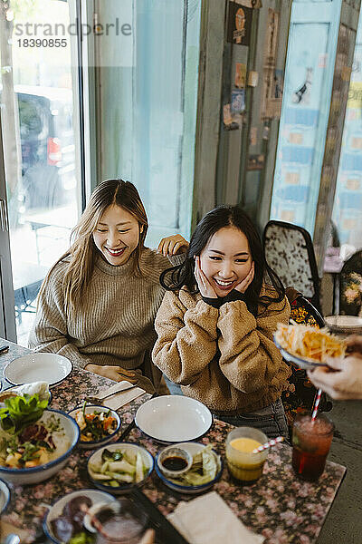 Glückliche Freundinnen sitzen im Restaurant zusammen