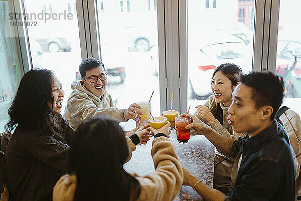 Glückliche multirassische männliche und weibliche Freunde stoßen im Restaurant auf Getränke an