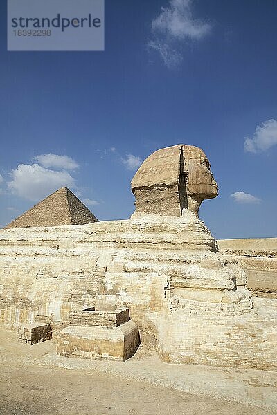 Grosse Sphinx  links eine Pyramide  Gizeh  Kairo  Ägypten  Afrika