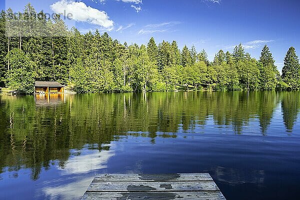 Ein See im Wald bei schönem Wetter  links die kleine Badehütte  vorne ein Holzsteg  Schlüchtsee bei Grafenhausen  Schwarzwald  Baden-Württemberg  Deutschland  Europa