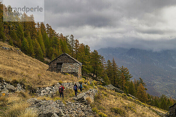 Drei Wanderer auf einem Saumpfad in der Nähe einer Hütte  Lys-Tal  Gressoney  Aosta-Tal  Italien  Europa