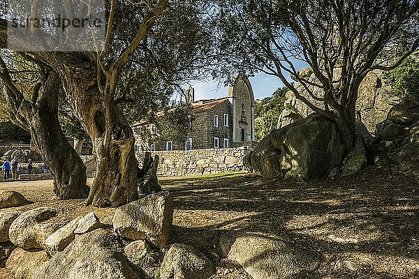 Kirche und Granitfelsen  Ermitage de la Trinité  Bonifacio  Südküste  Département Corse-du-Sud  Korsika  Mittelmeer  Frankreich  Europa