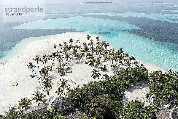 Helicopter view  Six Senses Kanuhura Island Resort  with beaches and water bungalows  Lhaviyani Atoll  Maldives  Indian Ocean