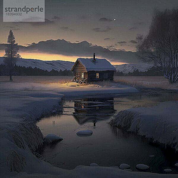 Illustration für Postkarte Weihnachtskarte  schneebedecktes Haus steht im Wald in der Abenddämmerung  AI generiert