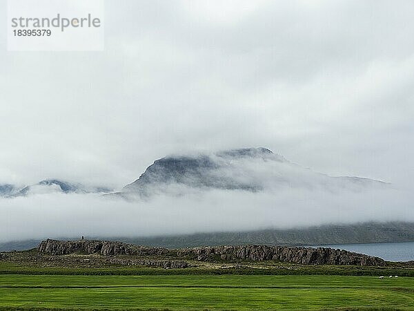 Einsamer Berghang im Nebel  Ostfjorde  Ostisland  Island  Europa