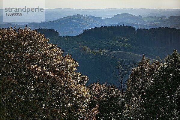 Weiter Blick in die Landschaft vom Schomberg  Wildewiese  Sundern  Sauerland  Nordrhein-Westfalen  Deutschland  Europa