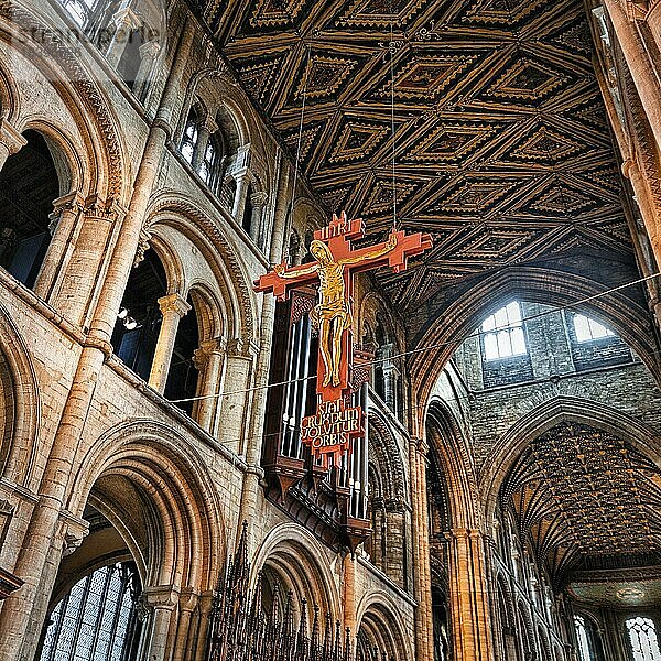 Jesus am Kreuz  Kruzifix hängt von verziertem Deckengewölbe  Kathedrale von Peterborough  Cathedral Church of St Peter  Peterborough  Cambridgeshire  England  Großbritannien  Europa