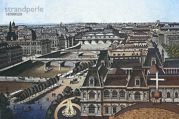 Paris  Blick auf die sieben Seinebrücken  Frankreich  Historischer Kupferdruck  ca 1890  Europa