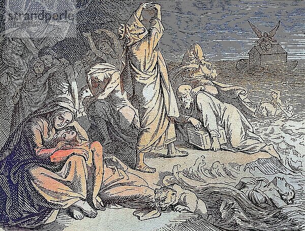 Biblische Geschichte  Die Sintflut  Historischer Stahlstich aus dem Jahre 1860