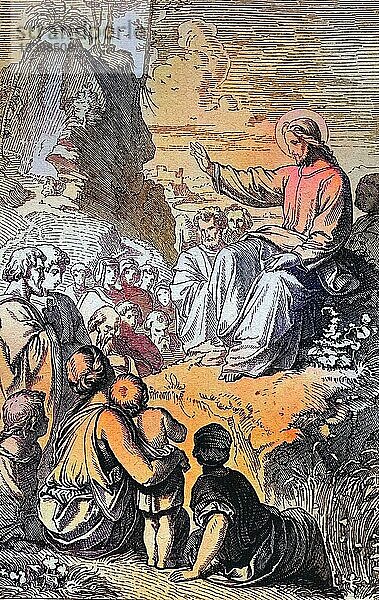 Biblische Geschichte  Die Bergpredikt  Historischer Stahlstich aus dem Jahre 1860