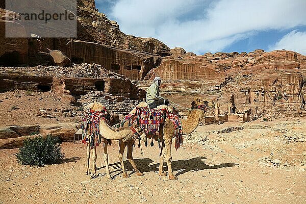 Beduinen mit Reitkamelen  verlassene Felsenstadt Petra  al-Batra  Hauptstadt des Reiches der Nabatäer  Jordanien  UNESCO-Weltkulturerbe  Asien