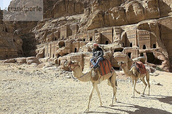 Beduinen mit Reitkamelen  verlassene Felsenstadt Petra  al-Batra  Hauptstadt des Reiches der Nabatäer  Jordanien  UNESCO-Weltkulturerbe  Asien