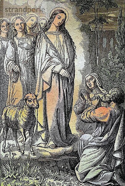 Biblische Geschichte  Die heilige Agnes  Historischer Stahlstich aus dem Jahre 1860