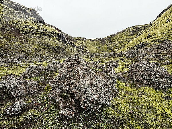 Kraterlandschaft Tjarnargígur  Moos bewachsene Vulkan-Landschaft  Laki-Kraterlandschaft  Hochland  Süd-Island  Suðurland  Island  Europa