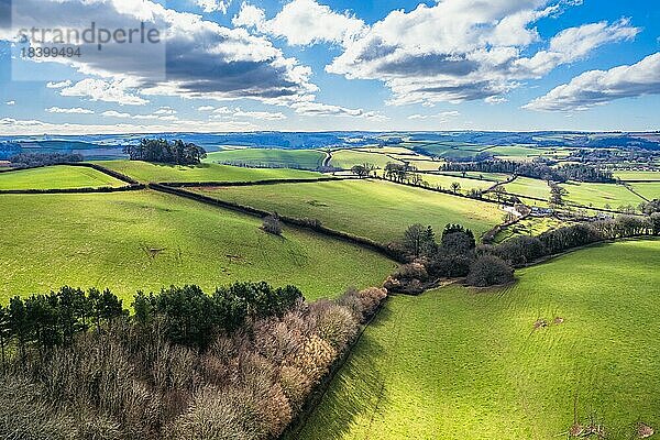 Felder und Ackerland im Frühling aus einer Drohne  Devon  England  Großbritannien  Europa
