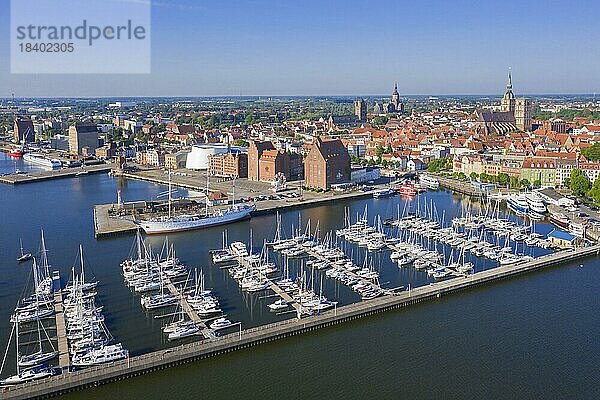 Yachthafen und Dreimastbark Gorch Fock im Hafen der Stadt Stralsund am Strelasund im Sommer  MecklenburgVorpommern Deutschland