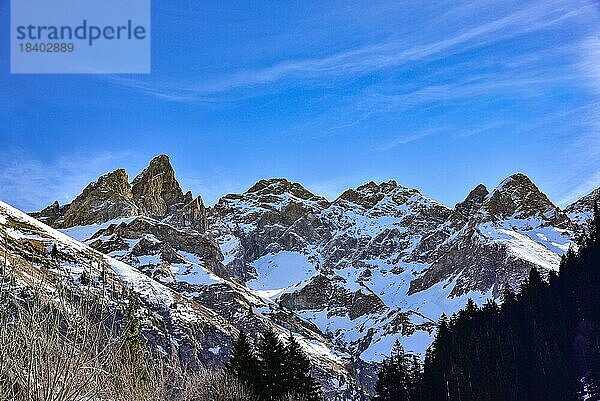 Berge bei Oberstdorf  links die Trettachspitze (2595 m)  in der Mitte die Mädelegabel (2645 m)  rechts Berge der guten Hoffnung (2388 m)  Schwaben  Bayern  Deutschland  Europa