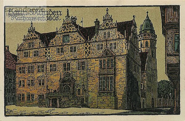 Rathaus in Hannoversch Münden  Hann.Münden  Niedersachsen  Deutschland  Postkarte mit Text  Ansicht um ca 1910  Historisch  digitale Reproduktion einer historischen Postkarte  public domain  aus der damaligen Zeit  genaues Datum unbekannt  Europa