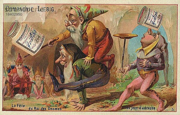 Bilderserie Zwerge  das Fest des Wichtelkönigs  König der Gnomen  Geschicklichkeitsspiele  digital restaurierte Reproduktion eines Sammelbildes von ca 1900