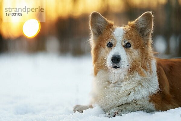 Welsh Corgi Pembroke Hund in Winterlandschaft bei Sonnenuntergang. Glücklicher Hund im Schnee