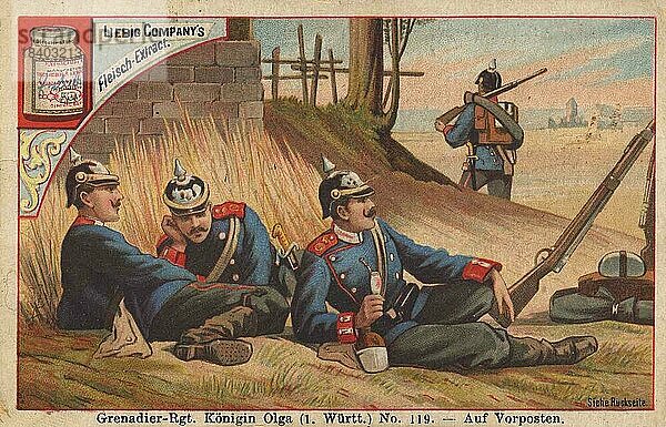 Bilderserie Deutsches Heer IV.  auf Vorposten  Grenadierregiment Königin Olga  Württemberg  digital restaurierte Reproduktion eines Sammelbildes von ca 1900