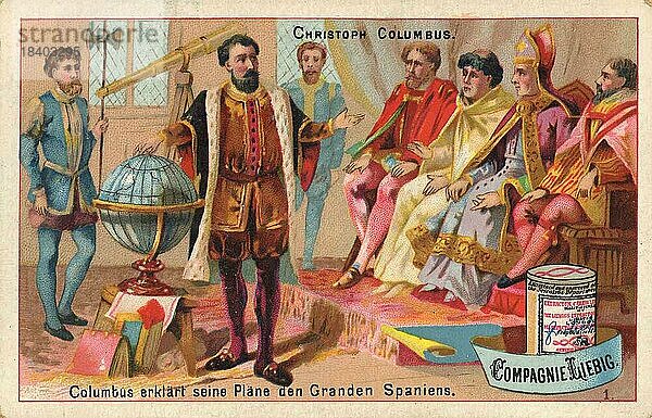 Bilderserie Christoph Kolumbus  Columbus erklärt seine Pläne den Granden in Spanien  digital restaurierte Reproduktion eines Sammelbildes von ca 1900