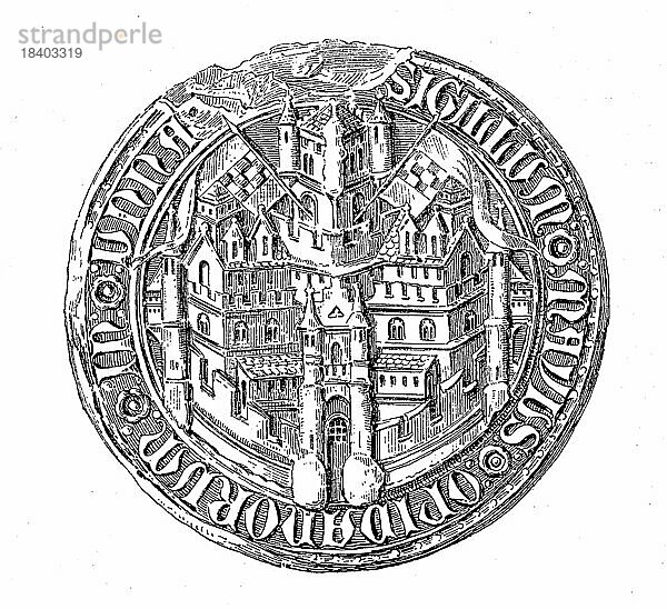 Mittelalterliches Stadtsiegel aus dem 13. bis 15. Jahrhundert  hier Unna  Deutschland  Historisch  digital restaurierte Reproduktion von einer Vorlage aus dem 19. Jahrhundert  Europa