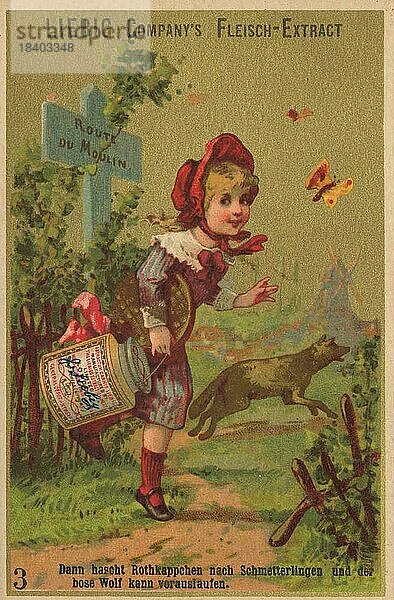 Bilderserie Märchen Rotkäppchen  spielt mit Schmetterlingen während der Wolf voraus läuft  digital restaurierte Reproduktion eines Sammelbildes von ca 1900