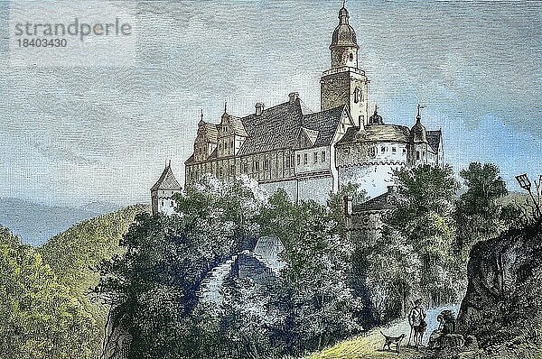 Die Burg Falkenstein  früher auch Burg Neuer Falkenstein genannt  um sie von der Burg Falkenstein zu unterscheiden  ist eine deutsche Höhenburg im Harzer Mittelgebirge aus dem Hochmittelalter  Deutschland  Historisch  digital restaurierte Reproduktion von einer Vorlage aus dem 19. Jahrhundert  Europa