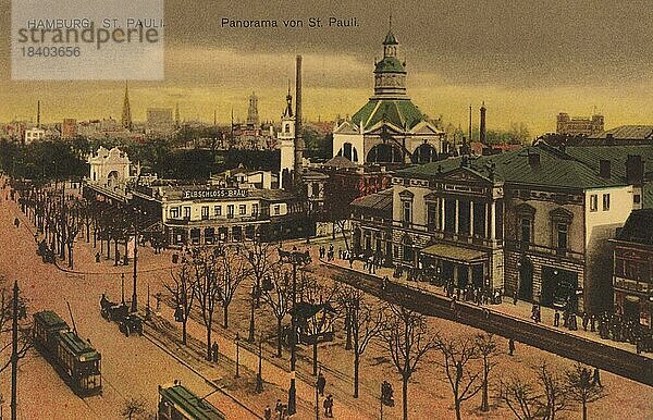 St. Pauli  Panorama  Hamburg  Deutschland  Postkarte mit Text  Ansicht um ca 1910  Historisch  digitale Reproduktion einer historischen Postkarte  public domain  aus der damaligen Zeit  genaues Datum unbekannt  Europa