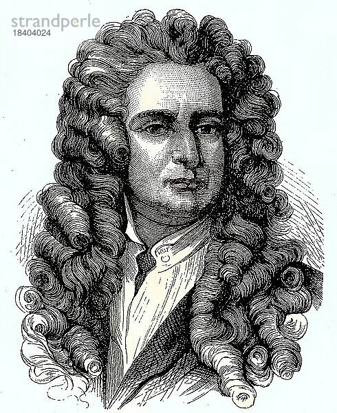 Sir Isaac Newton  1642  1726  war ein englischer Mathematiker  Astronom  Physiker und Naturphilosoph  der weithin als einer der einflussreichsten Wissenschaftler aller Zeiten und als Schlüsselfigur der wissenschaftlichen Revolution gilt  Historisch  digital restaurierte Reproduktion von einer Vorlage aus dem 19. Jahrhundert
