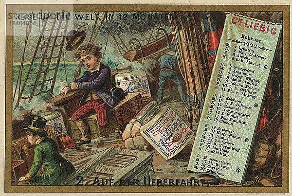 Bilderserie Reise um die Welt in 12 Monaten  Kalender II  Auf der Überfahrt bei Sturm auf dem Schiff bei rauher See  digital restaurierte Reproduktion eines Sammelbildes von ca 1900