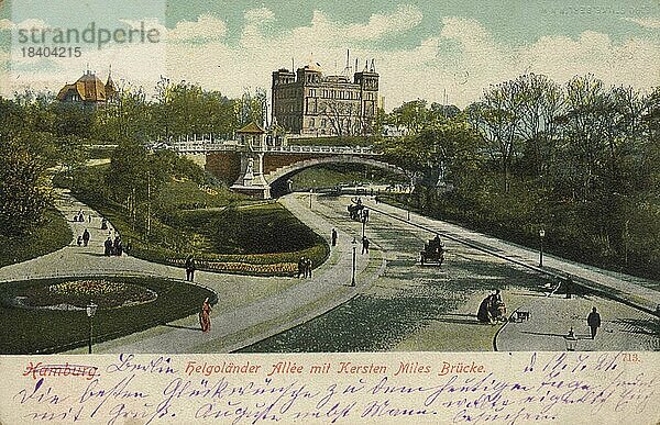 Die Helgoländer Allee mit Kersten Miles Brücke  Hamburg  Deutschland  Postkarte mit Text  Ansicht um ca 1910  Historisch  digitale Reproduktion einer historischen Postkarte  public domain  aus der damaligen Zeit  genaues Datum unbekannt  Europa