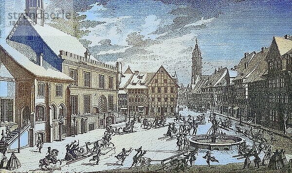 Der Marktplatz von Göttingen  Deutschland  1750  Historisch  digital restaurierte Reproduktion von einer Vorlage aus dem 19. Jahrhundert  Europa