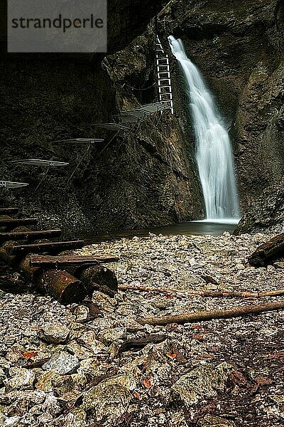 Schwieriger Pfad mit Leiter in der Nähe des Wasserfalls in der Schlucht des Nationalparks Slowakisches Paradies  Slowakei  Slowacki Raj National Park  Slowakei  Europa