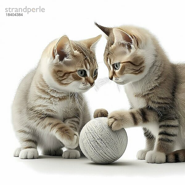 Kleine Hauskatzen spielen mit einem Wollknäuel vor einem weißen Hintergrund  AI generiert