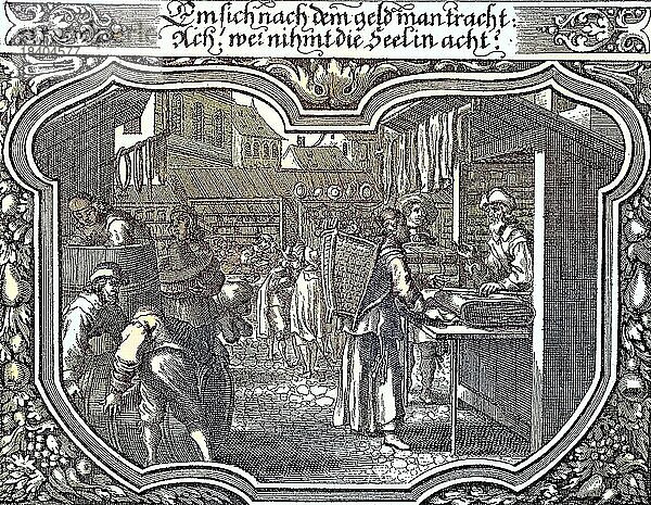 Jahrmarkt im Mittelalter  ca 1650  Historisch  digital restaurierte Reproduktion von einer Vorlage aus dem 19. Jahrhundert