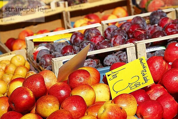 Äpfel und Obst mit Preisschild an einem Marktstand  Deutschland  Europa