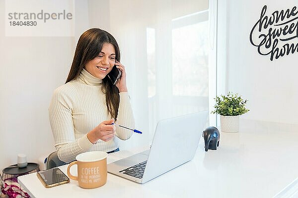 Porträt einer Geschäftsfrau  die mit einem Computer arbeitet  lächelnd  Geschäft  Heimbüro  Telearbeit