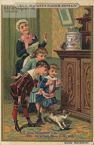 Bilderserie Kinderszenen III.  Katze tu der Maus nicht weh  Kinder wollen die Maus schützen  digital restaurierte Reproduktion eines Sammelbildes von ca 1900