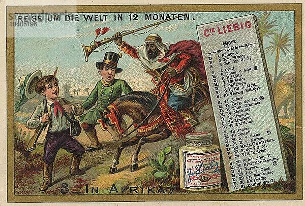 Bilderserie Reise um die Welt in 12 Monaten  Kalender II  In Afrika  Beduine mit Muskete auf einem Pferd greift die Reisenden an  digital restaurierte Reproduktion eines Sammelbildes von ca 1900