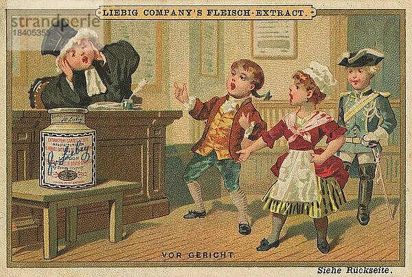 Bilderserie Kinderszenen II.  Kinder spielen Gerichtsverhandlung mit Richter und Angeklagten  digital restaurierte Reproduktion eines Sammelbildes von ca 1900