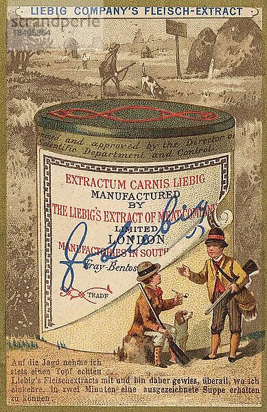 Bildserie Extrakttöpfe 1  große Töpfe  Auf die Jagd nehme ich ...  Zwei Jäger mit Hund  digital restaurierte Reproduktion eines Sammelbildes von ca 1900