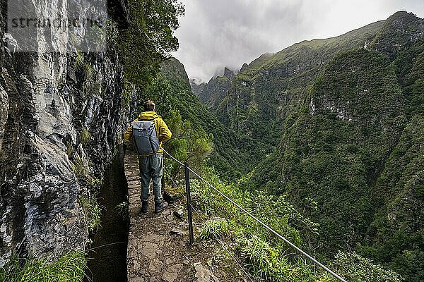 Wanderer an einem schmalen Wanderweg entlang einer Levada  Ausblick auf bewaldete Berge und Schluchten  Levada do Caldeirão Verde  Parque Florestal das Queimadas  Madeira  Portugal  Europa