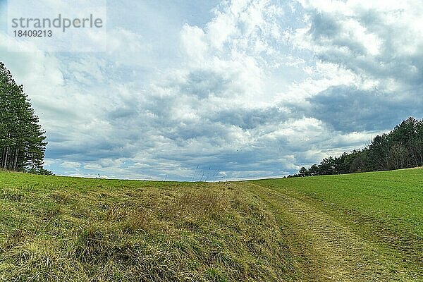 Landschaft mit grüner Wiese und Wald  Hügellandschaft  dramatische Wolken  Ternitz  Niederösterreich  Österreich  Europa