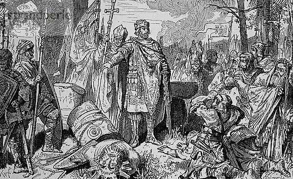 Karl der Große  2. April 742  28. Januar 814  auch bekannt als Karl der Große  Carolus oder Karolus Magnus oder Karl I. Die Zerstörung von Irminsul  Historisch  digital restaurierte Reproduktion von einer Vorlage aus dem 19. Jahrhundert