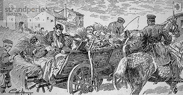 Deutsch-Französischer Krieg  1870  Transport von verwundeten Soldaten  Historisch  digital restaurierte Reproduktion von einer Vorlage aus dem 19. Jahrhundert