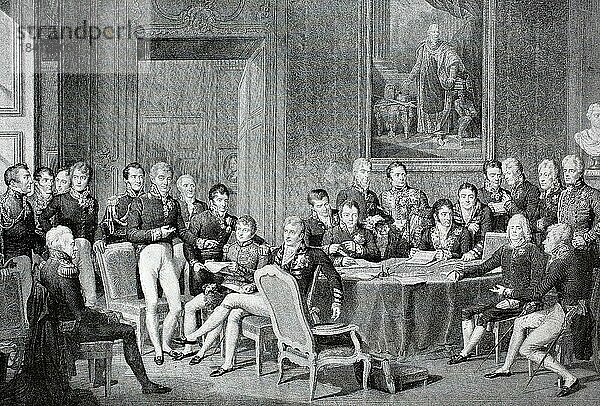 Der Wiener Kongress war eine Konferenz von Botschaftern europäischer Staaten unter dem Vorsitz des österreichischen Staatsmannes Klemens Wenzel von Metternich  die von November 1814 bis Juni 1815 in Wien stattfand  Historisch  digital restaurierte Reproduktion von einer Vorlage aus dem 19. Jahrhundert